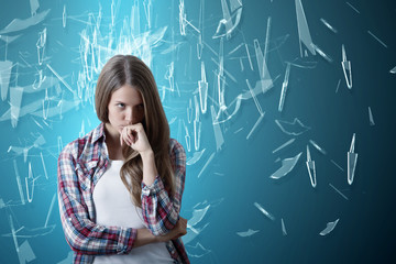 Pensive woman on abstract background