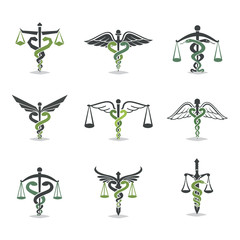 Health law icon. The set scales, justice, Academy, health care logos, emblems and design elements. Labels and badges Law firm, health, medicine, business.