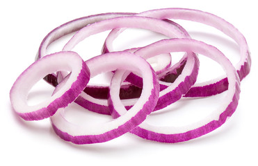 A lot of red onion rings isolated on white background.