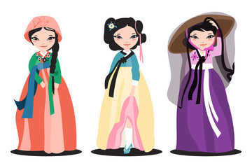 Set of the beautiful hanboks on korean women. Traditional korean dress. Flat, cartoon illustration