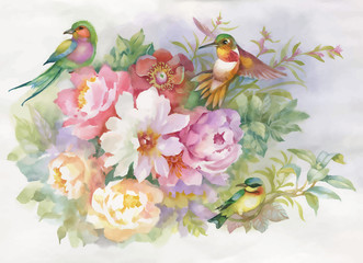 Fototapeta na wymiar Watercolor hand drawn colorful beautiful flower and birds.