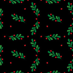 Seamless Christmas pattern with little spruce branches and berries embroidery stitches imitation