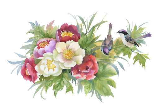 Watercolor hand drawn colorful beautiful flower and birds.