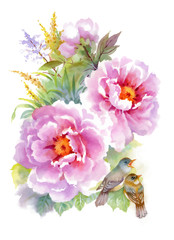 Watercolor flowers and birds on white background.