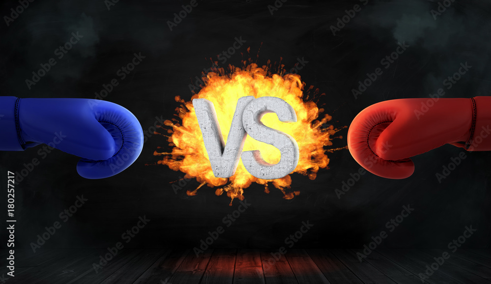 Poster 3d rendering of glowing blast with concrete letters vs stands between a red and a blue boxing glove.