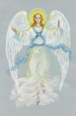 Beautiful angel with wings on grey background.