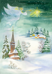 Fototapety  Wesołych Świąt i Nowego Roku kartkę z życzeniami z pięknym aniołem ze skrzydłami, akwarela ilustracja.