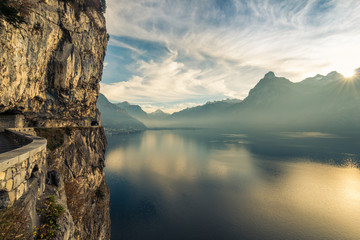 The Wilhelm Tell Route in Central Switzerland is a section "Path of Switzerland". Cliffs over the lake of Lucerne. The Alps at sunset. Canton of Uri.