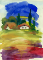 Fototapeta na wymiar Watercolor rural house in green summer day illustration.
