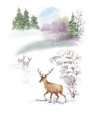 Watercolor winter landscape with deers illustration.