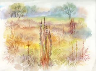 Watercolor summer rural landscape illustration.