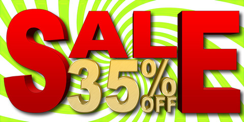 Stock Illustration - Golden 35 Percent Off, Red Sale, Green and White Background, 3D Illustration.