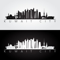 Fototapeta premium Kuwait city skyline and landmarks silhouette, black and white design, vector illustration.