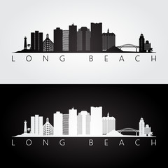 Long Beach usa skyline and landmarks silhouette, black and white design, vector illustration.
