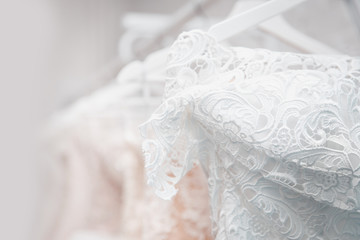 Wedding dresses for bride in store. Concept wedding, engagement.