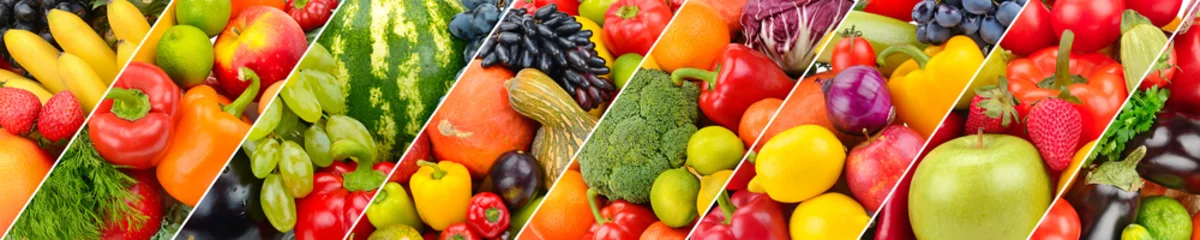Poster Panoramic collection fresh fruits and vegetables background. © alinamd