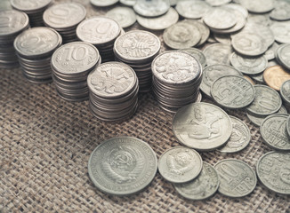 Background of old coins. Rare coins of Russia Soviet Union. - obrazy, fototapety, plakaty