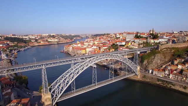 Porto, Portugal, aerial view of old town and Dom Luis Bridge over the Douro river.