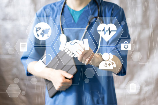 Doctor pushing button handshake virtual healthcare in network medicine