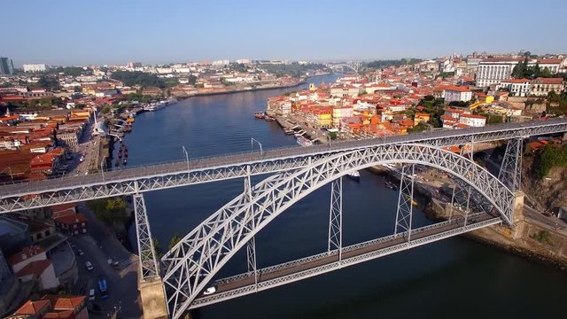 Porto, Portugal, aerial view of old town and Dom Luis Bridge over the Douro river.
