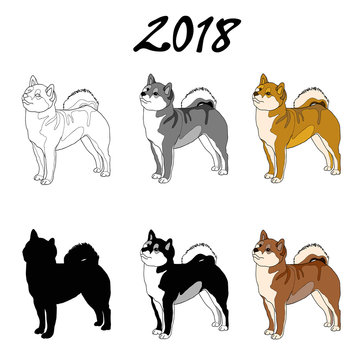 Vector illustration of an image of a dog breed of Shiba Inu. Black line, black and white and gray spots, black silhouette, color image. The inscription 2018.