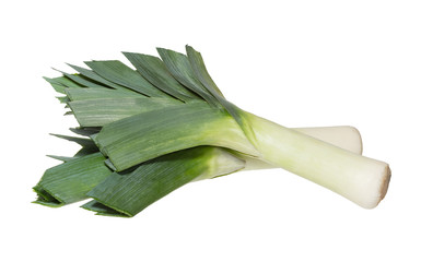 Two fresh green leeks on white background.