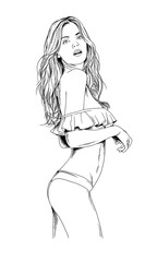 Fototapeta na wymiar beautiful slim girl in a swimsuit drawn in ink by hand on a white background logo