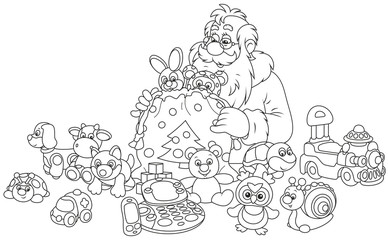 Santa Claus putting Christmas gifts for children in his bag
