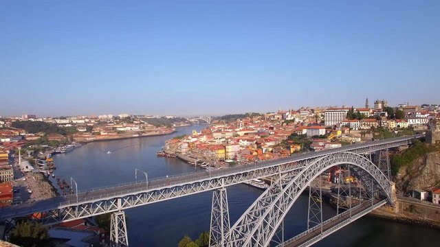 Porto, Portugal, aerial view of old town and Dom Luis Bridge over the Douro river.