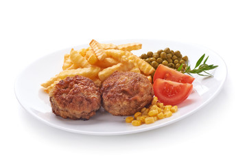 Fried cutlets with patato fries, isolated on white background.