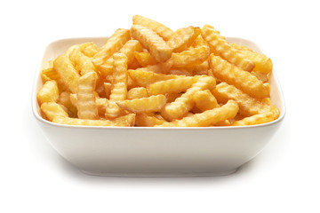 Fried potato fries, isolated on white background.