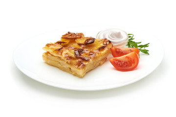 Potato casserole, isolated on white background.