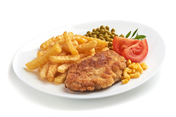 Wiener schnitzel with potato fries, isolated on white background.