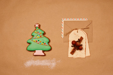 Christmas gingerbread, envelopes and cards.