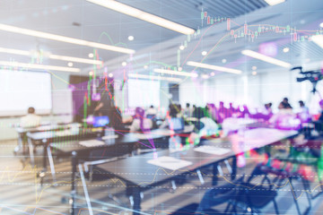 blur image background of classroom double exposure with stock market chart
