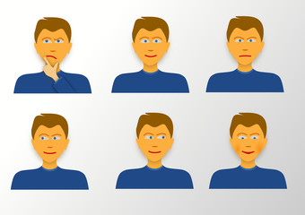 Verschillende gezichtsuitdrukkingen: nadenken, twijfelen. boos, aardig, schaamte