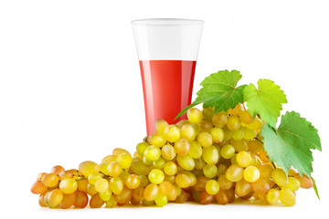 Grape juice in glass and bunch ripe grapes isolated on white background. Clipping path.