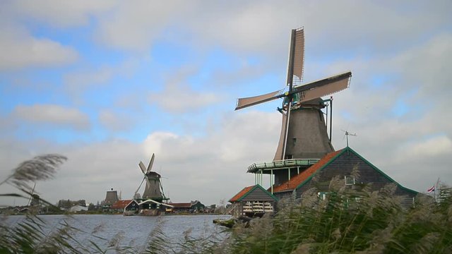 Historic windmills at the Zaanse Schans. Holland