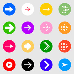 Flat set of the colorfull arrows on light background. Simple vector illustration of color elements for web. Set of the symbols icon for navigation. Arrow icons isolated in a circle.