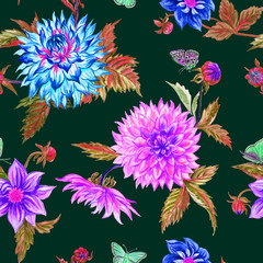 Seamless pattern of dahlias on a claret background. Watercolor floral background.