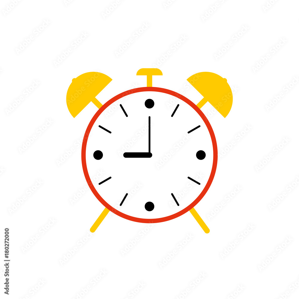 Poster flat simple alarm clock isolated on white background. red color outline icon of cute round clock in 
