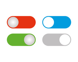 Flat simple illustration of buttons isolated on white background. Green, blue, gray and red icons on and off buttons in the cartoon style. on and off toggle switch. Vector image.