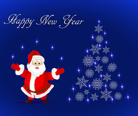 Fototapeta na wymiar Greeting card with Santa Claus and abstract Christmas tree of snowflakes
