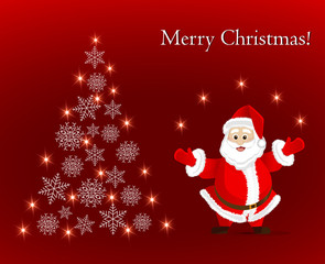 Greeting card with Santa Claus and abstract Christmas tree of snowflakes
