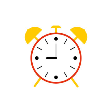 Flat simple alarm clock isolated on white background. Red color outline icon of cute round clock in the cartoon style. Vector alarm clock illustration. Red image of a clock in a simple style.