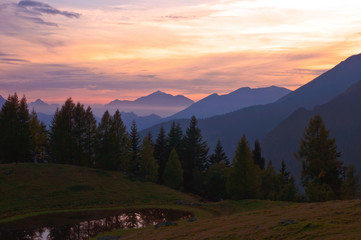 Fototapeta na wymiar Amazing sunset with forest landscape in Monte Avaro-Alpi Orobie