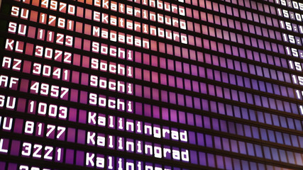 Departures board at the airport. Flight information electronically timetable. Split flap mechanical departures board. Flight schedule. Scoreboard flights