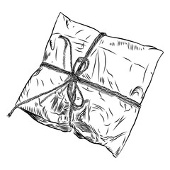 Paper wrapped soft gift box. Hand drawn realistic sketch. Present wrapping and packaging online shopping Valentine, black Friday or Birthday concept. Vector.