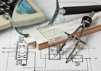 engineering tools on technical drawing