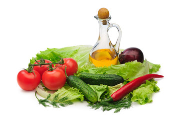 Set vegetable and jug of vegetable oil isolated